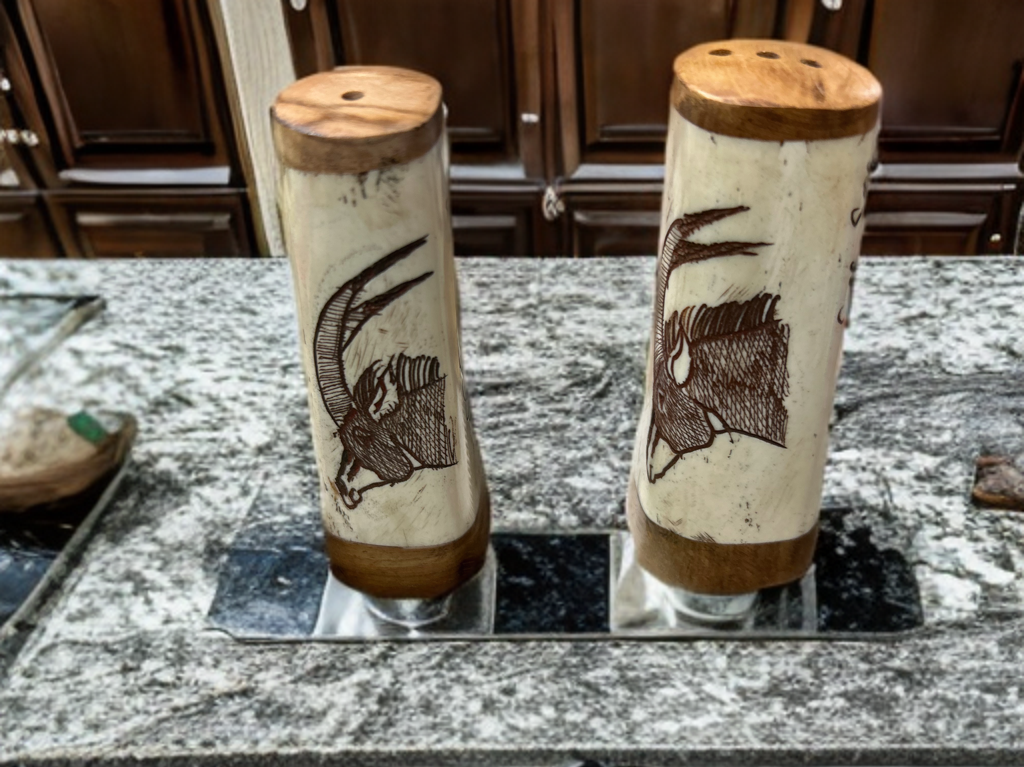 African Crafted Wood & Kudu Bone Salt & Pepper Shakers