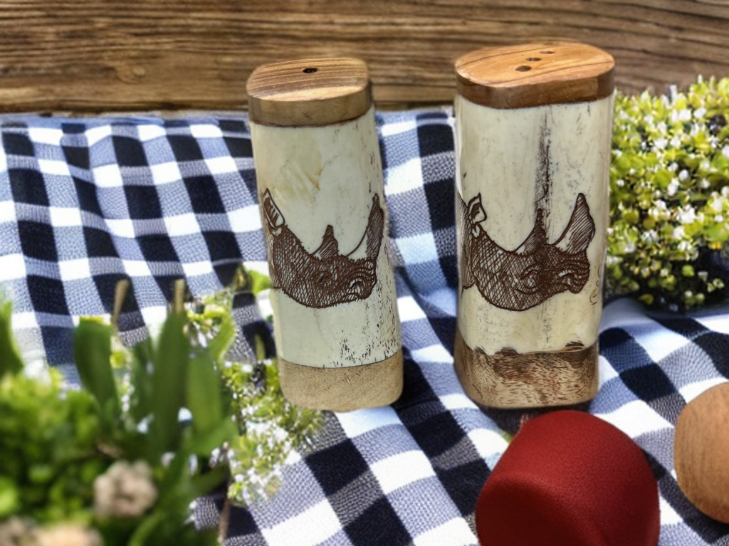 African Crafted Wood and Kudu Bone Salt Shaker