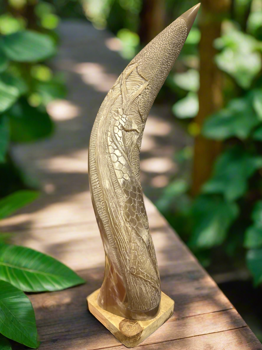 African Bull Horn with Giraffe engraved Artwork