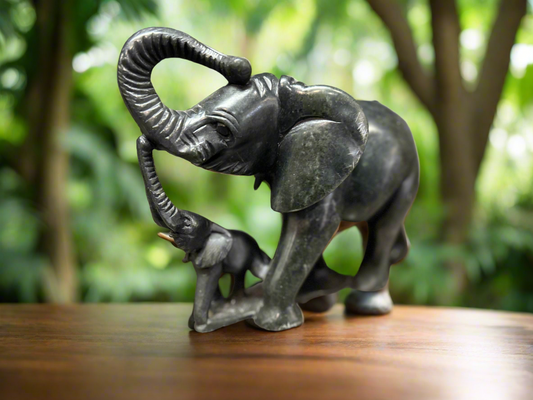 African Stone Crafted Elephant & her Calf