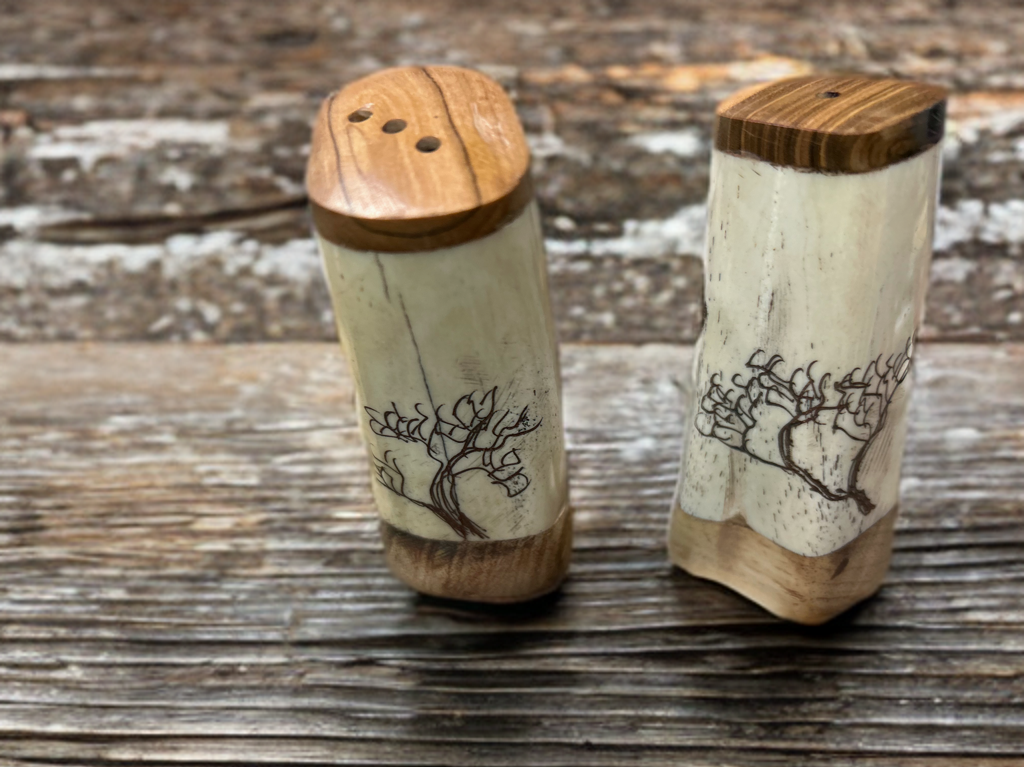 African Crafted Wood and Kudu Bone Salt Shaker