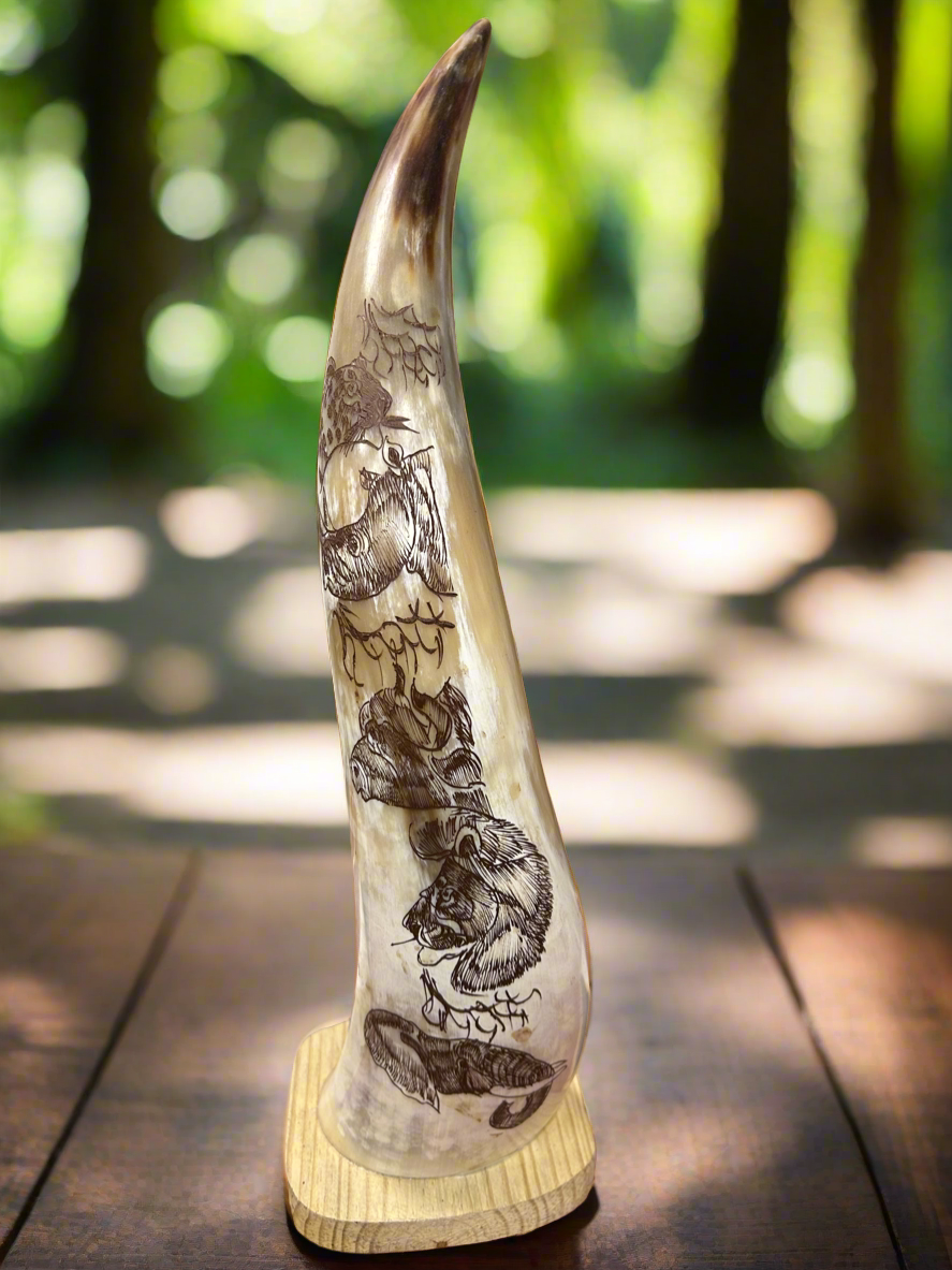 African Crafted Bull Horn with Big 5 Engraved Artwork