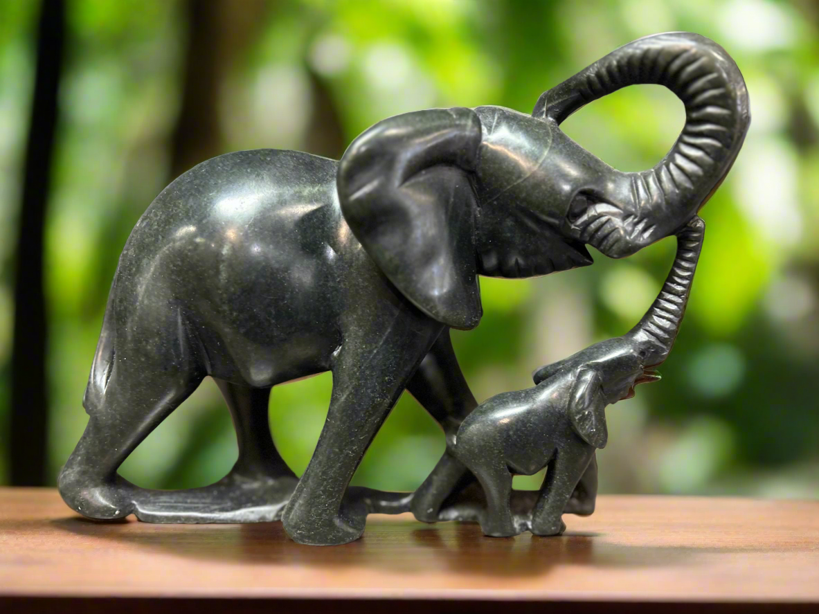 African Stone Crafted Elephant & her Calf