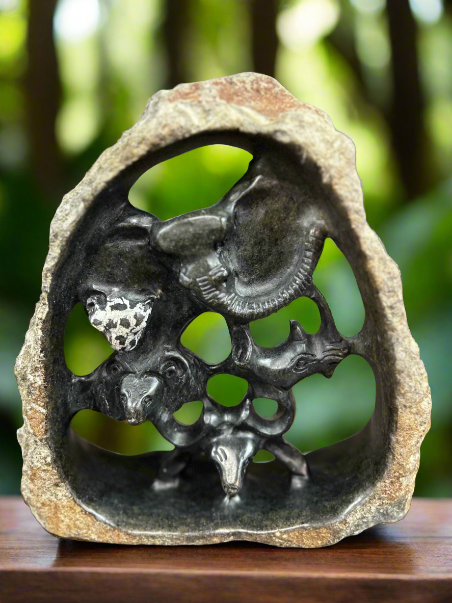 African Stone Crafted Big 5 Animals Under Stone Crafted Shelter