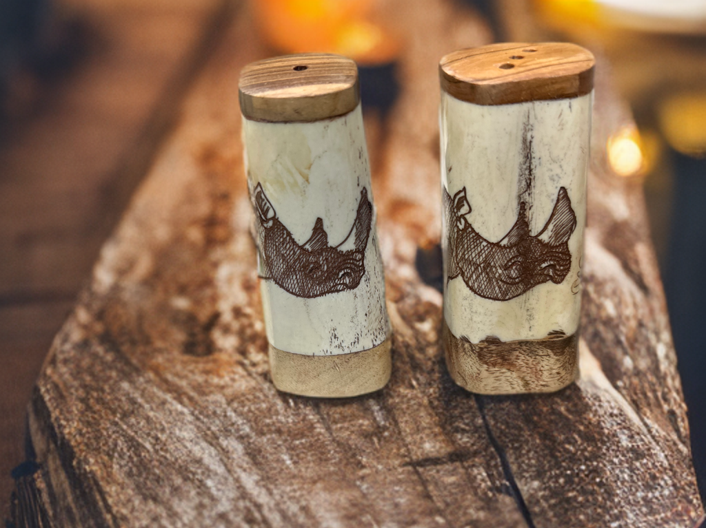 African Crafted Wood and Kudu Bone Salt Shaker