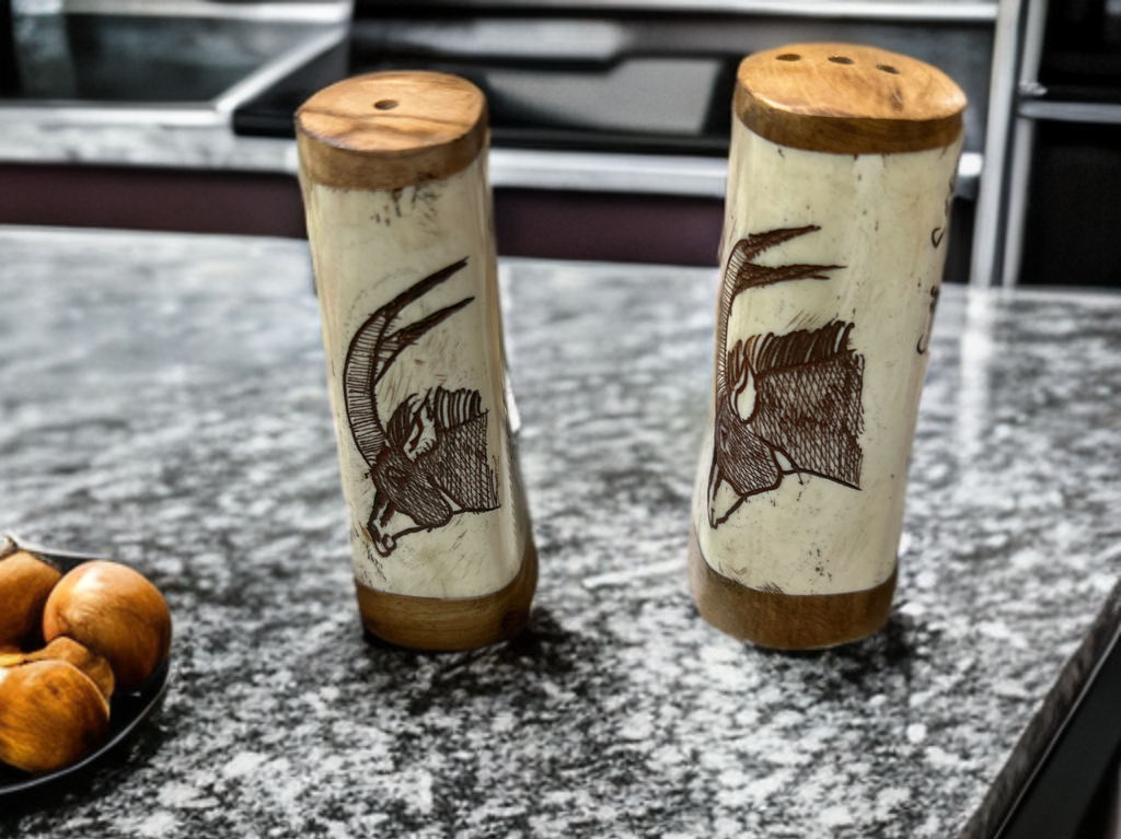 African Crafted Wood & Kudu Bone Salt & Pepper Shakers