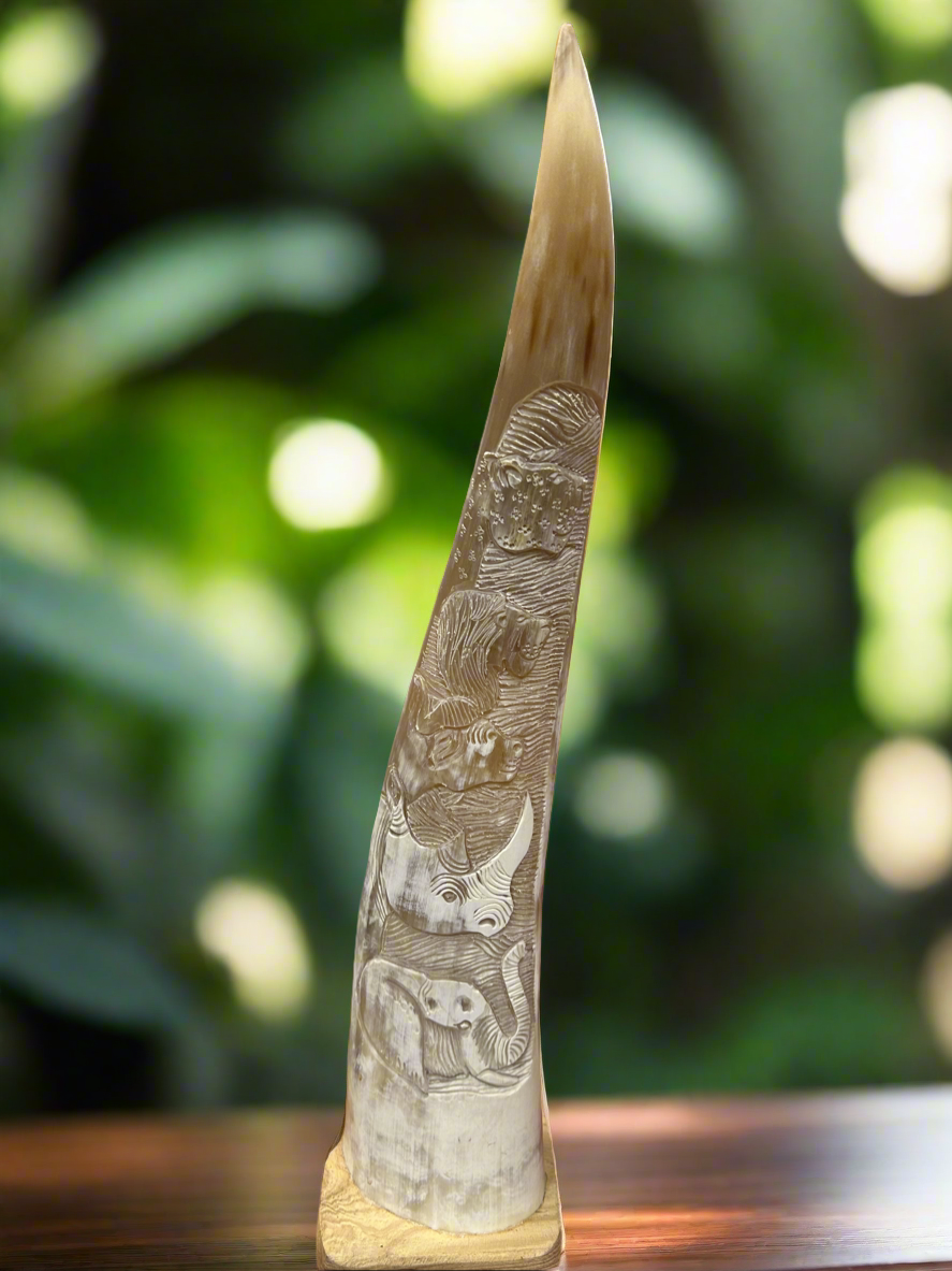 African Crafted Bull Horn with Engraved Big 5 Animals