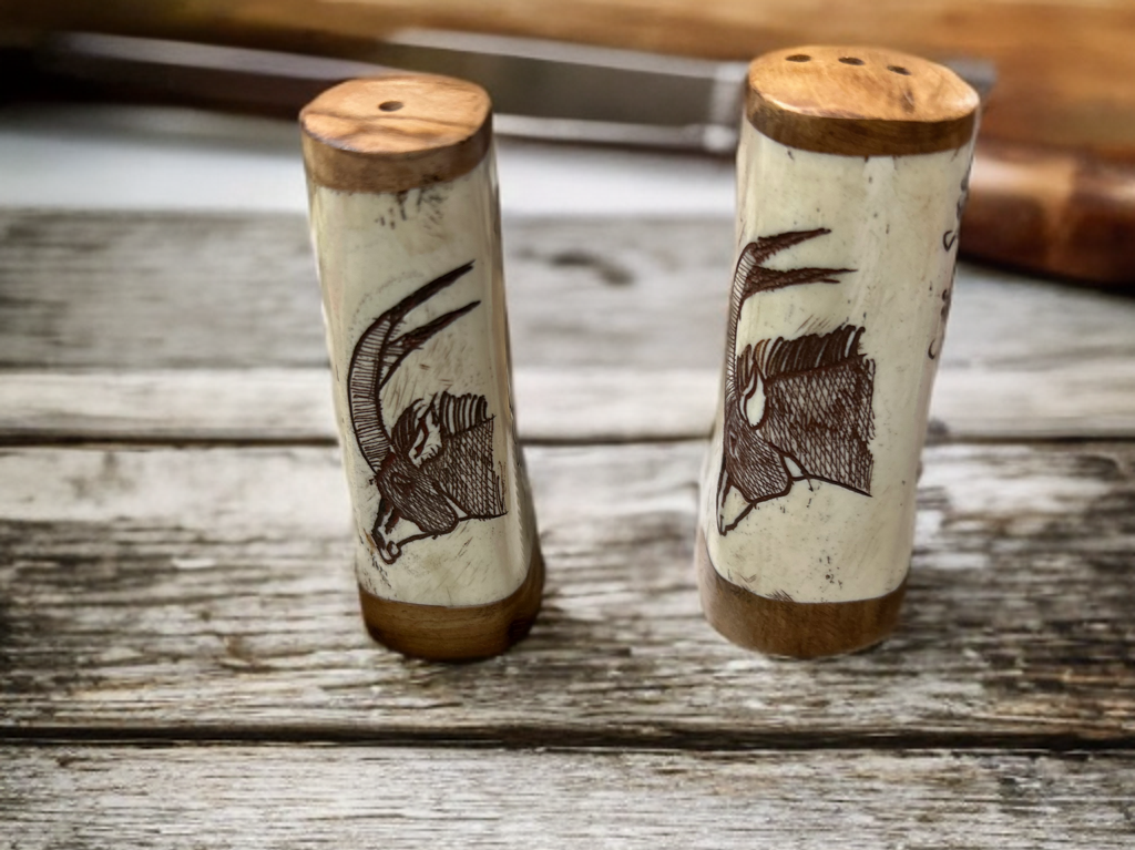 African Crafted Wood & Kudu Bone Salt & Pepper Shakers