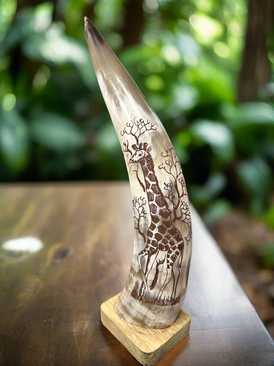 African Crafted Bull Horn with Giraffe Engraved Artwork