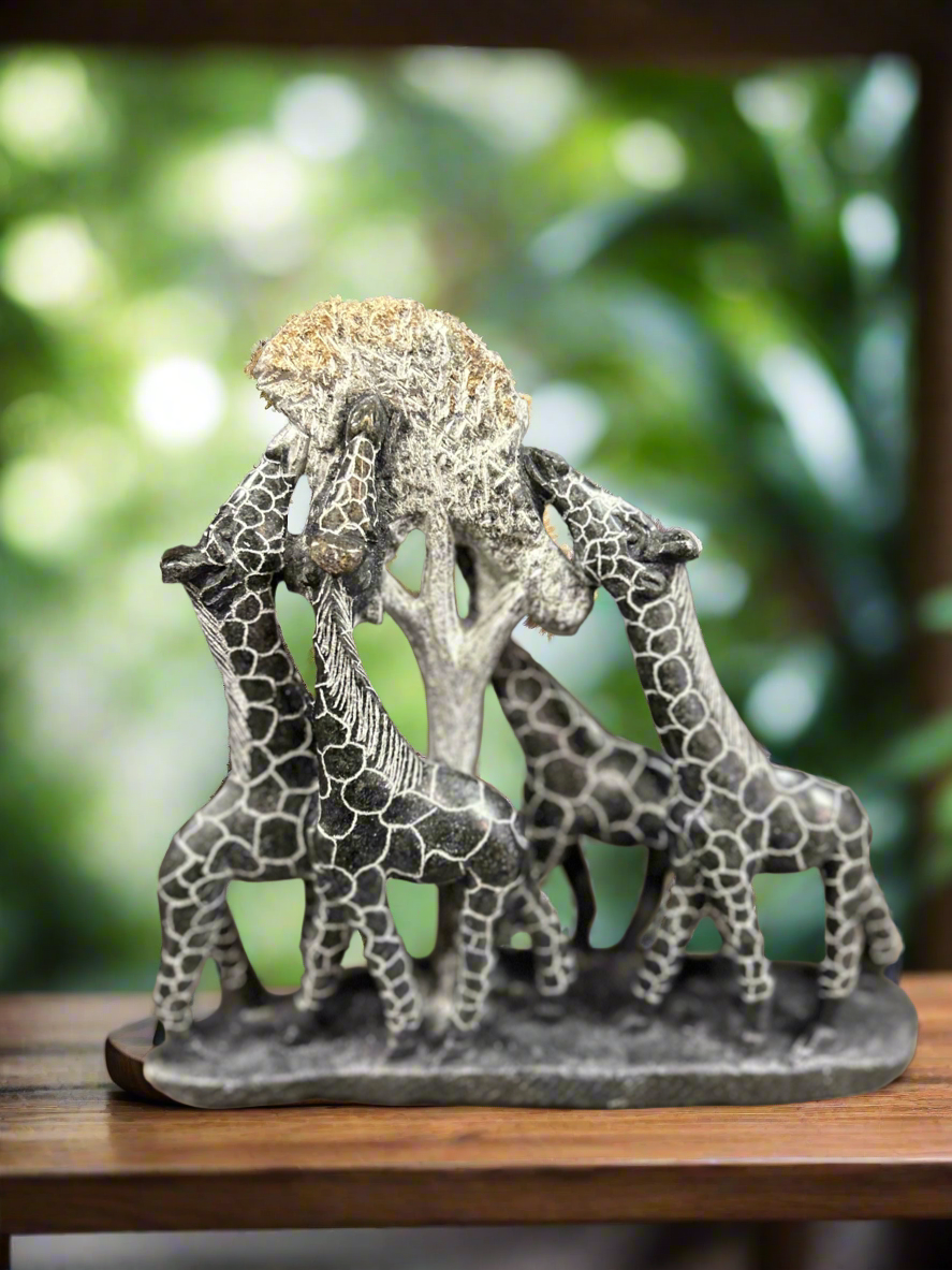 African Stone Crafted Giraffe Family Feeding Together