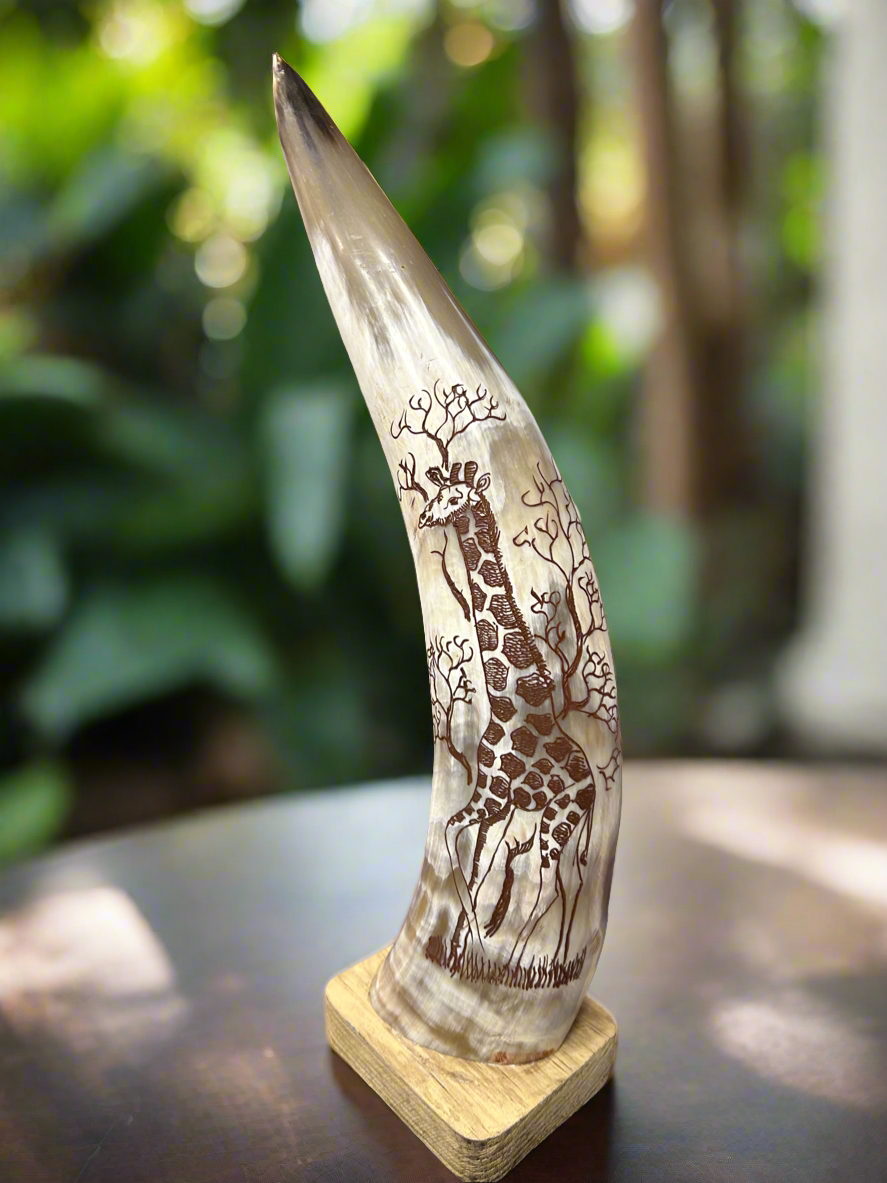 African Crafted Bull Horn with Giraffe Engraved Artwork