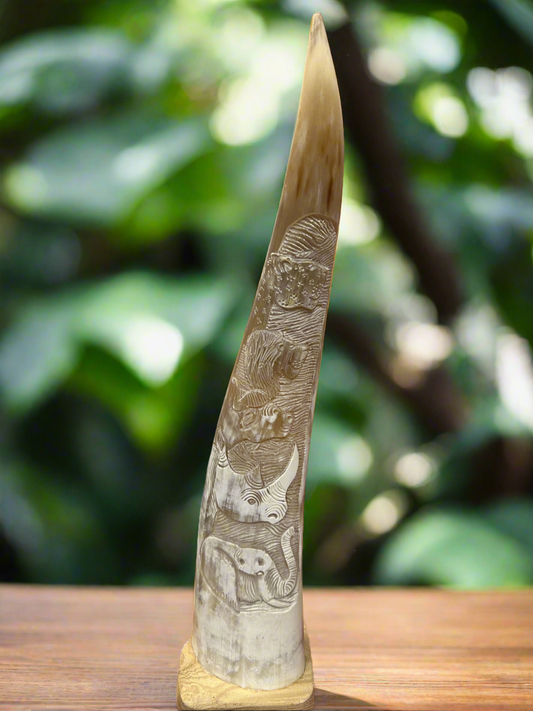 African Crafted Bull Horn with Engraved Big 5 Animals