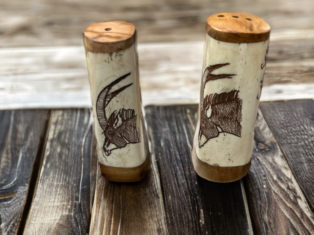 African Crafted Wood & Kudu Bone Salt & Pepper Shakers