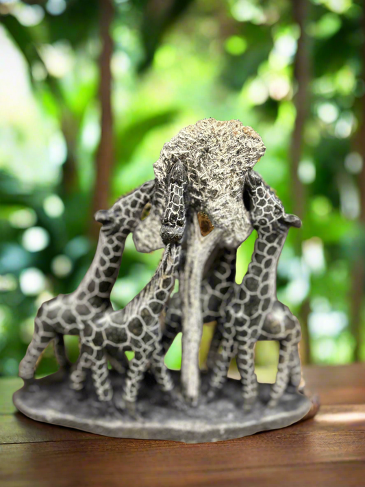 African Stone Crafted Giraffe Family Feeding Together