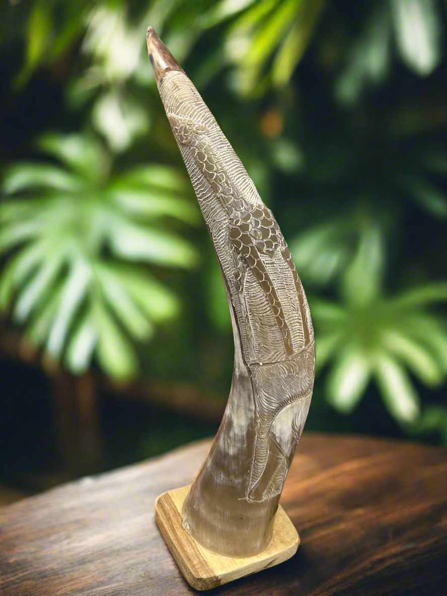 African Crafted Bull Horn with Giraffe & Elephant Engraved