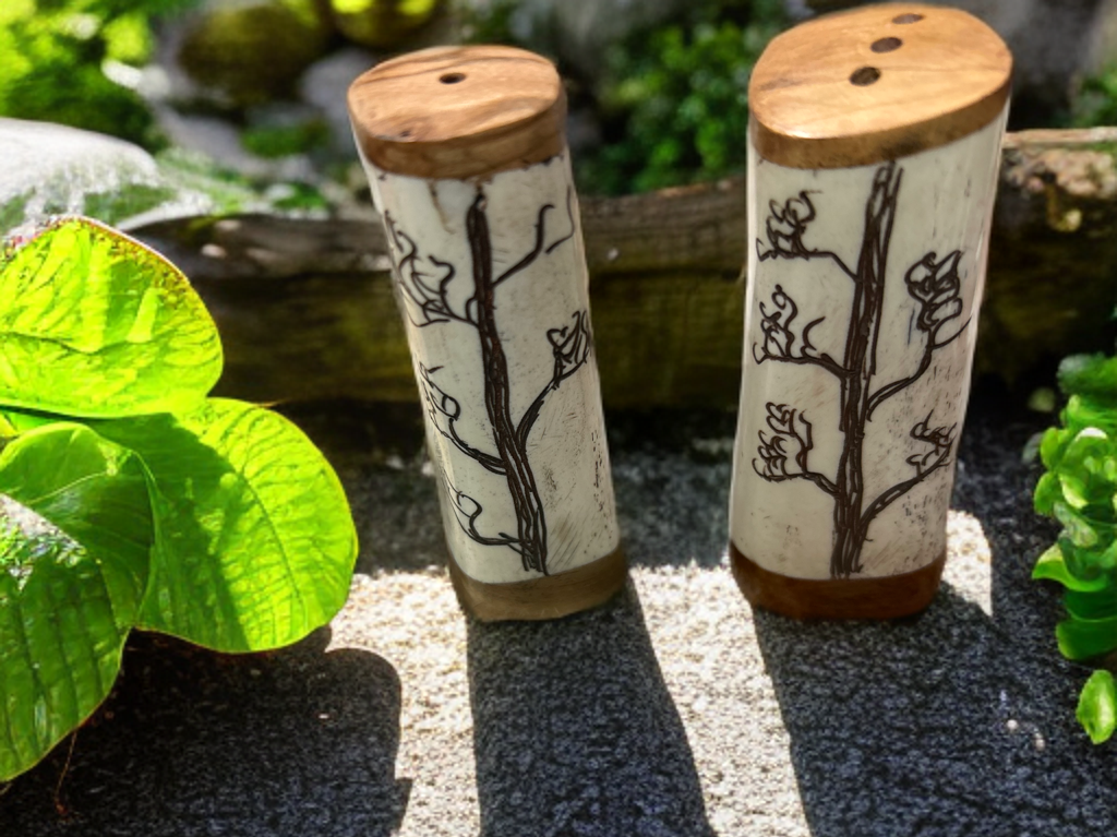 African Crafted Wood & Kudu Bone Salt & Pepper Shakers