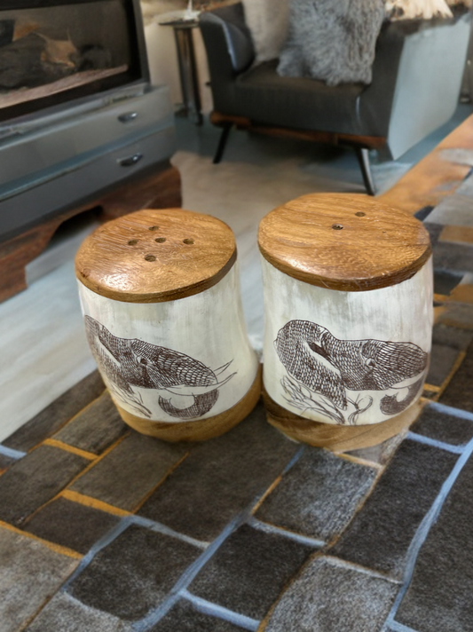 African Bull Horn Saltshaker with Elephant Engraved Artwork