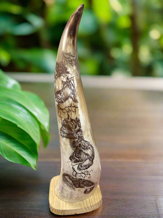 African Crafted Bull Horn with Big 5 Engraved Artwork