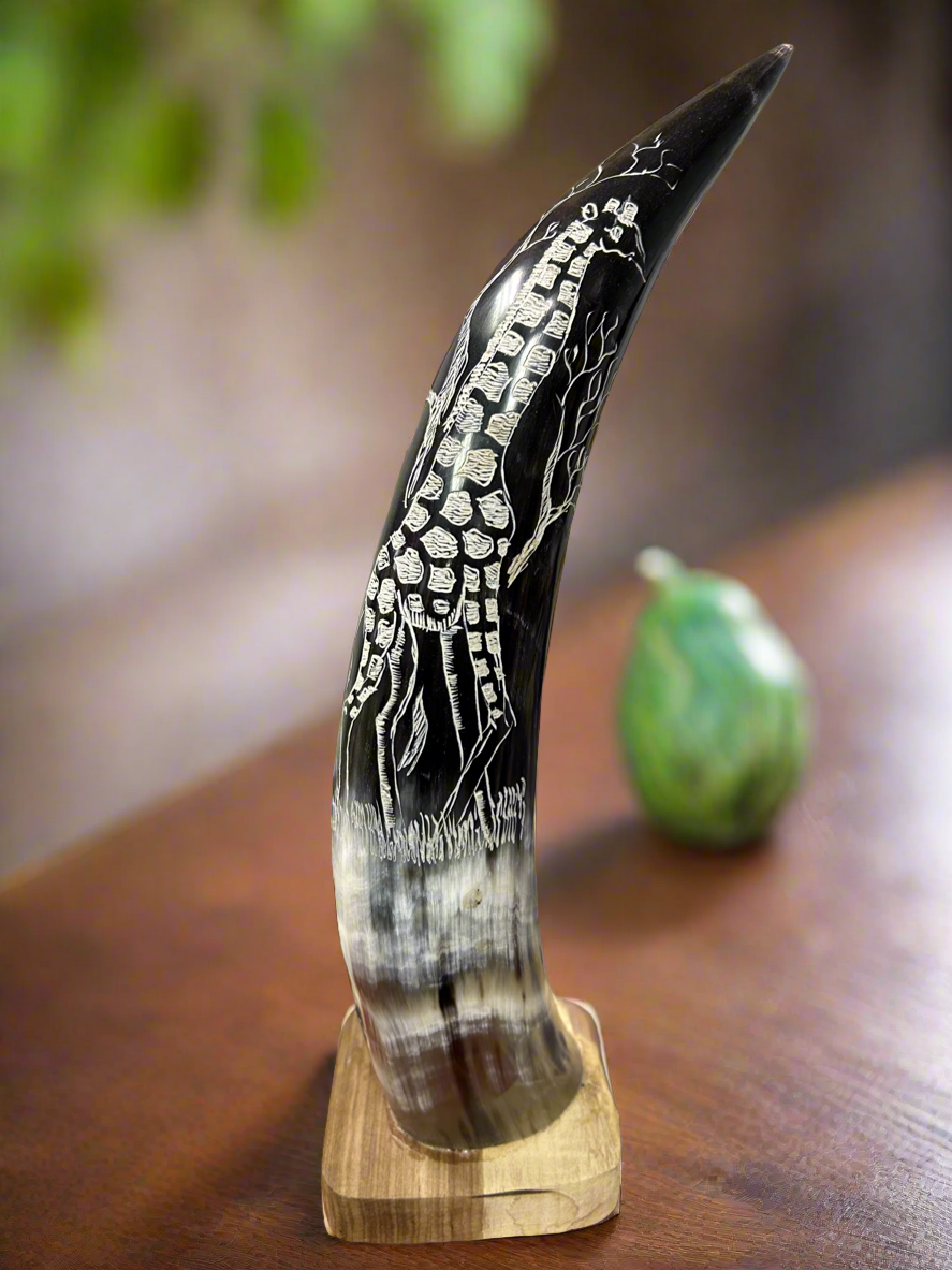 African Crafted Bull Horn with Giraffe Engraved Artwork