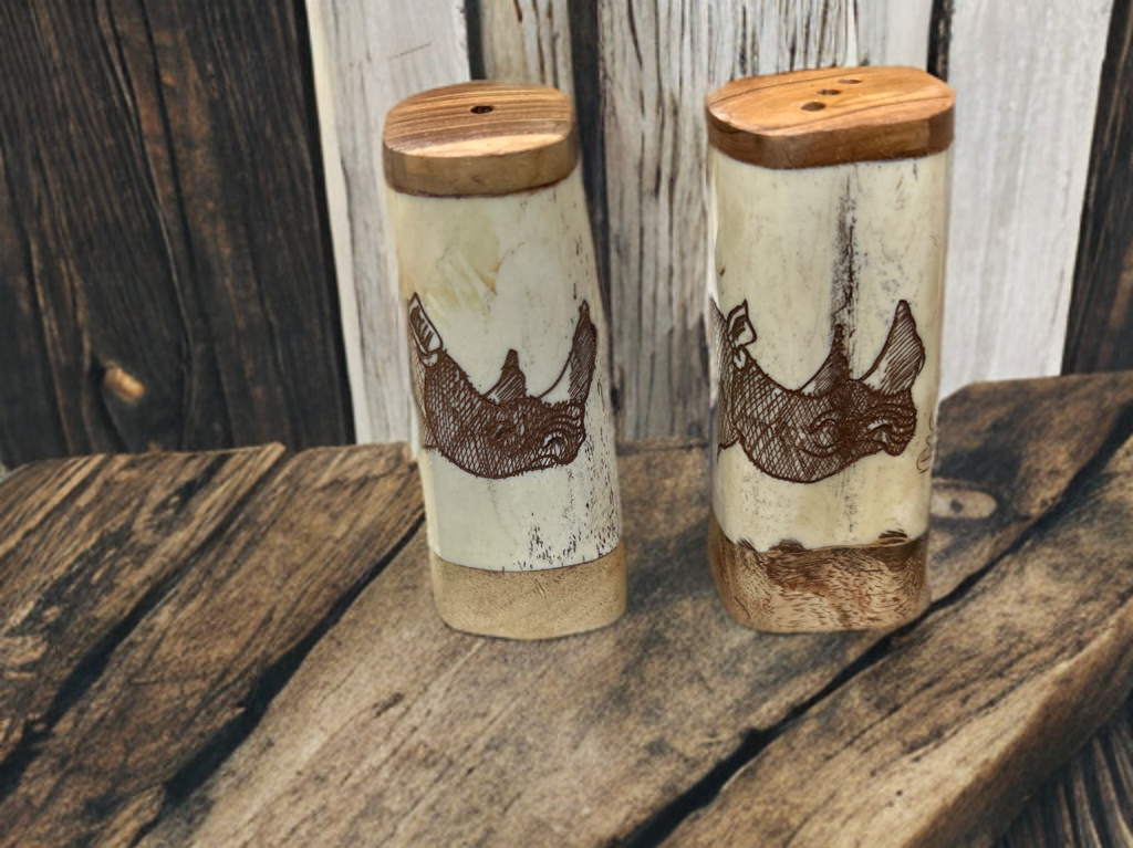 African Crafted Wood and Kudu Bone Salt Shaker