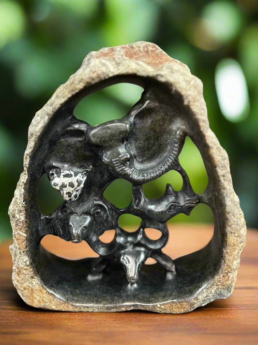 African Stone Crafted Big 5 Animals Under Stone Crafted Shelter