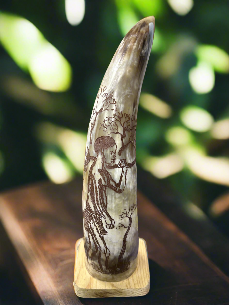 African Crafted Bull Horn with engraved African Artwork