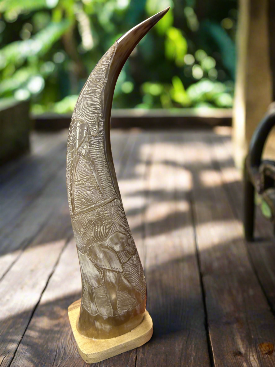 African Crafted Bull Horn with Giraffe & Elephant Engraved