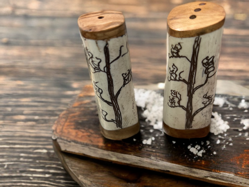 African Crafted Wood & Kudu Bone Salt & Pepper Shakers